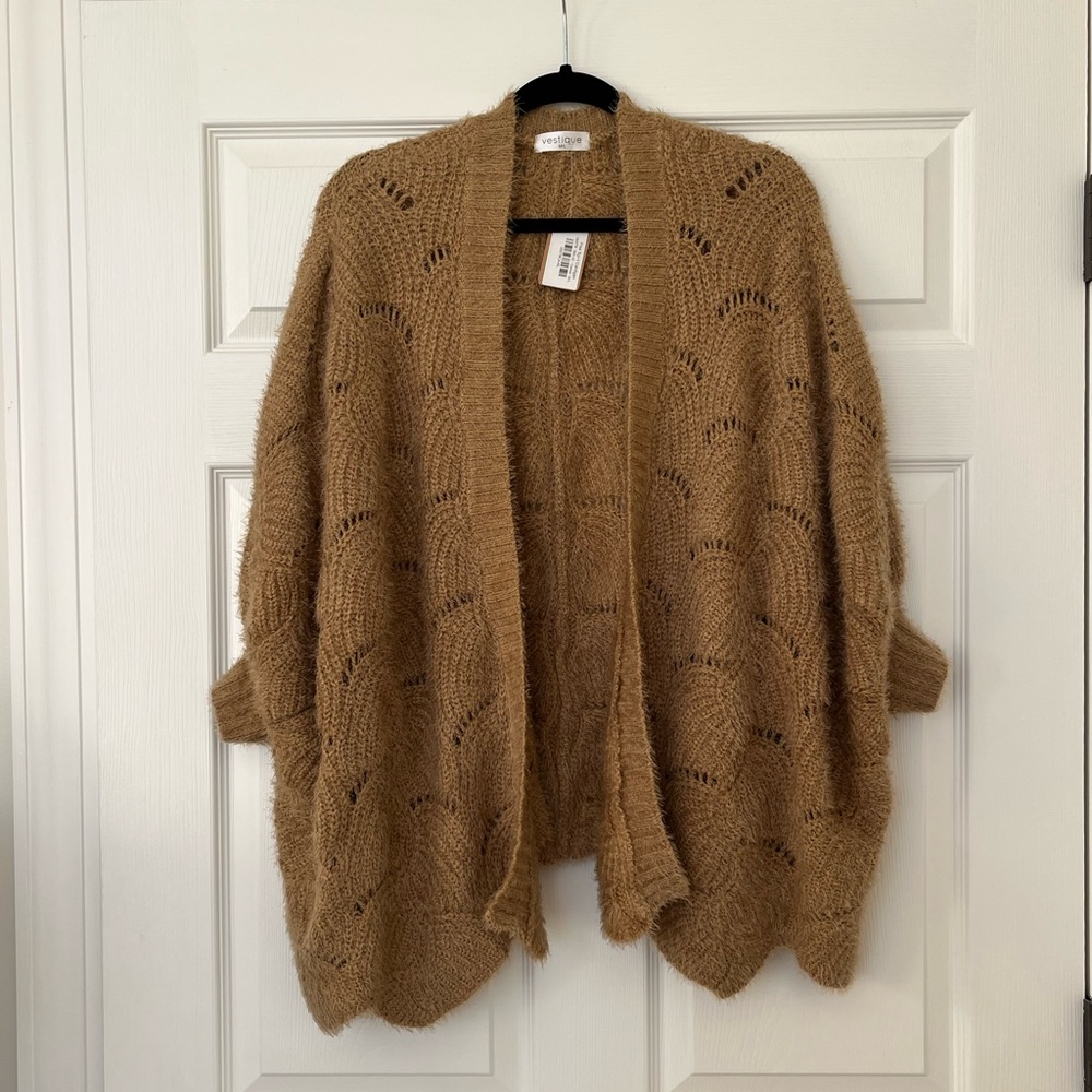 Vestique Tan Oversized Eyelash Open Front Cocoon Cardigan